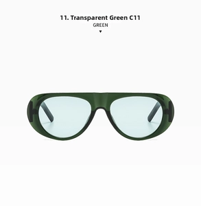 Detail view of transparent green retro wide-leg sunglasses with light blue lenses