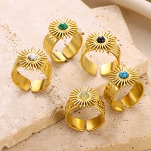 French vintage titanium steel rings with assorted natural stones and sunray design