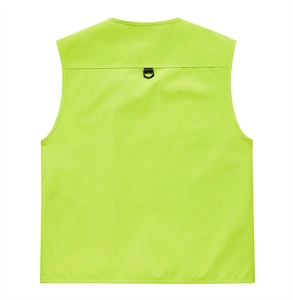 Rear view of fluorescent green outdoor vest featuring a black D-ring buckle and reinforced stitching