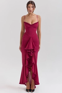 Front view of deep red halter neck mermaid dress with tiered ruffle hem and bodycon fit