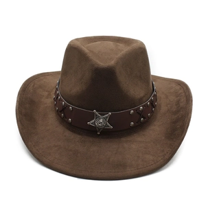 Detail of suede cowboy hat featuring brown leather band and silver sheriff star badge