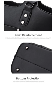 Detail of silver rivets and protective metal feet on a black lychee texture handbag