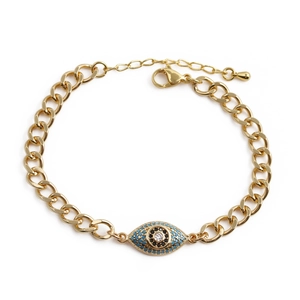 Bracciale a catena barbazzale placcato oro regolabile con ciondolo occhio blu