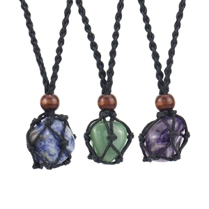 Handmade Woven Natural Stone Pendant Necklace Adjustable Raw Crystal Net Bag Ethnic Bohemian Jewelry For Women Gift