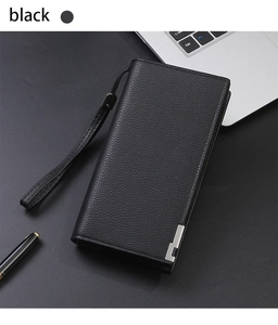 Long black zipper wallet with lychee leather texture and business laptop scene