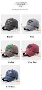 Detail of vintage washed cotton baseball caps with 3D embroidery in five classic colors