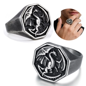 Dragon Signet Ring 316L Stainless Steel Vintage Octagonal Viking Biker Punk Jewelry For Men