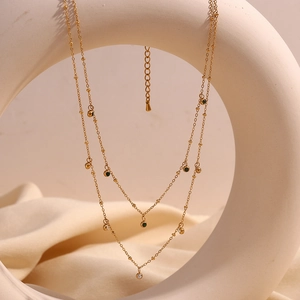 18K gold plated stainless steel double layer necklace with green and clear zircon beads