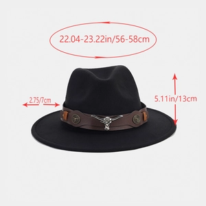 Sombrero vaquero negro con correa marrón, cabeza de toro y medidas de tamaño