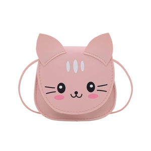 Pink cartoon cat shaped crossbody bag for kids with cute kitten face and thin straps
