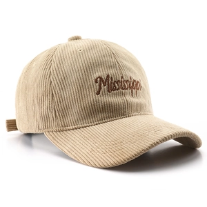 Beige corduroy baseball cap with Mississippi embroidery and adjustable back strap