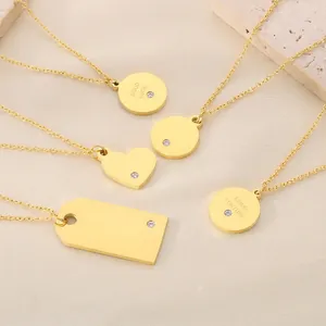 Collier Pendentif Acier Inoxydable Cœur Rond Rectangle Gravure Good Luck Strass Style Coréen Bijoux De Chance Femmes