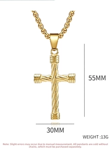 Detail of gold twisted cable cross pendant with high polished finish on box chain