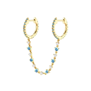 Detail of 14K gold double hoop earrings connected by a delicate blue gemstone chain