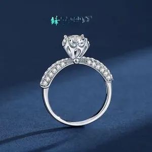 Macro side view of S925 silver ring featuring classic lotus six-prong moissanite setting