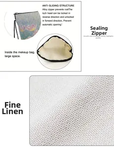 Detailed views of floral linen makeup bag featuring non-slip alloy zipper and spacious interior