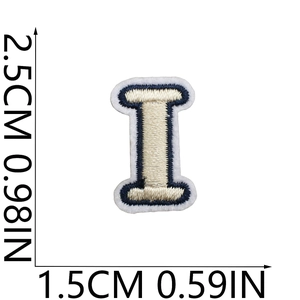 Mini navy and cream embroidered letter I patch showing 2.5cm height dimension details