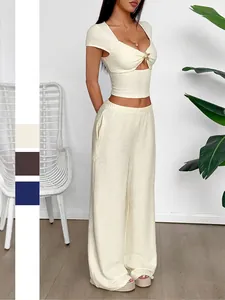 Women Ribbed Knit Short Sleeve Crop Top And High Waist Wide Leg Pants Outfits Hollow Out Starfish Elegant Casual
