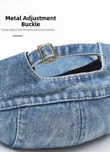 Detail of adjustable metal buckle and vintage denim texture on back of the cap