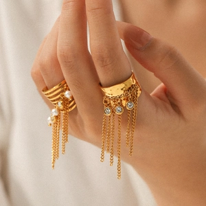 Gold stainless steel open rings with fringe chains, pearls and zircon for women