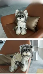 Quilted warm pet jumpsuit in beige and grey shown from front and side model views