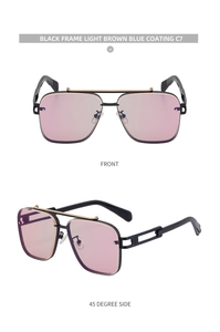 Detail of square rimless sunglasses with black frame and light brown blue lenses