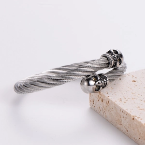 Silver 304 stainless steel skull cable wire open bangle for men with punk style
