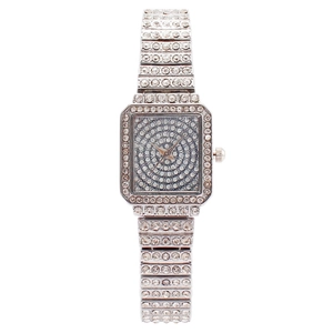 Elegant silver square quartz watch for women fully iced out with sparkling rhinestones