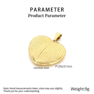 Detailed parameter view of a large golden stainless steel heart pendant with vertical stripes