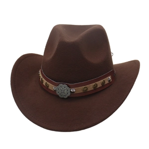 Western Cowboy Hat Polyester Felt Wide Brim Star Rivets Floral Buckle Retro Ethnic Sun Hat For Women Men