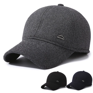 Men Winter Baseball Cap With Ear Flaps Woolen Herringbone Windproof Thermal Cold Resistant Outdoor Hat Adjustable