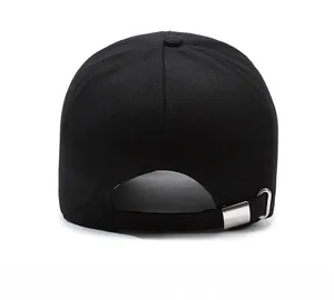 Rear view of black cotton baseball cap showing adjustable strap and silver metal buckle
