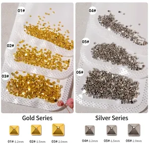 Gold and silver pyramid nail art studs in 1.2mm, 1.5mm, 2.0mm sizes, 200pcs pack