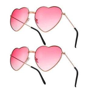 Retro heart shaped metal sunglasses with pink gradient lenses shown on a white background