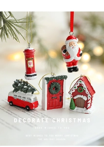 Detailed set of resin Christmas ornaments featuring Santa Claus, red bus, and cottage