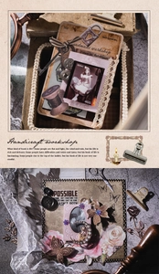 Detailed view of vintage hollow-out scrapbooking paper material with lace and wood decor