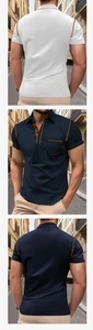 Men's polo shirt details showing contrast stitching and pocket in white and navy blue