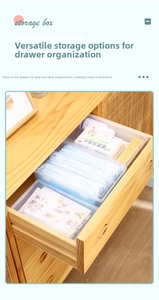 Transparent drawer storage box for organizing face masks and medicine boxes in a wooden drawer