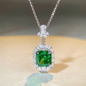 Luxurious S925 silver necklace with emerald cut green zircon and shimmering pavé diamonds