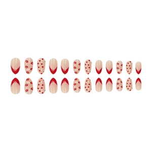 French tip press-on nails in nude and red with romantic heart patterns, 24 pieces set