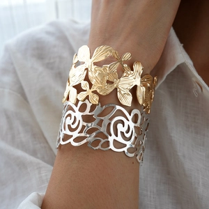 Floral Hollow Out Open Cuff Bracelet Stainless Steel Filigree Adjustable Vintage Elegant Hand Jewelry For Women