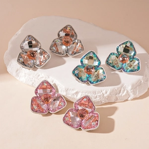 Elegant vintage flower petal crystal stud earrings in three premium color variations