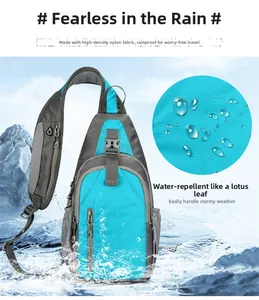 Close-up of water-resistant nylon fabric showing water droplets on the sling backpack