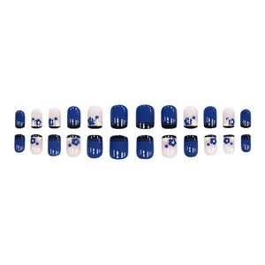 Press-on nail set featuring dark blue floral patterns and black stripes with glossy finish