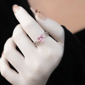 Exquisite pink heart zircon open ring with infinity twisted silver band and micro-pave stones