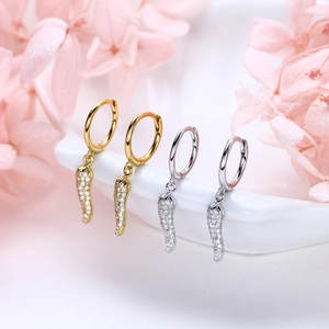 S925 Sterling silver chili-shaped hoop earrings with sparkling zircon crystals