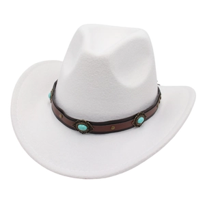 White western cowboy hat with bohemian turquoise leather band and vintage metal accents