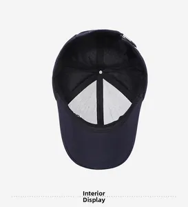 Detail view of the navy baseball cap interior showing breathable mesh and sweatband