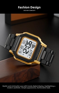 Close-up of SKMEI black and gold digital watch featuring WR50M water resistance detail