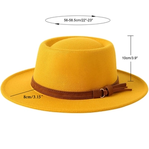Classic yellow wide brim wool felt fedora hat with brown leather band and sizing details